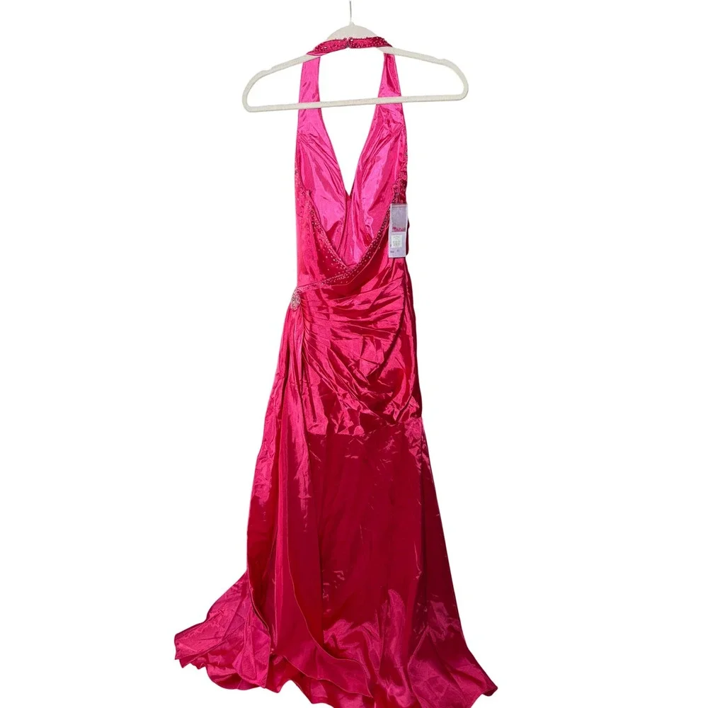 Poly USA Y2K Satin Gown | Hot Pink Beaded Halter | Prom Pageant Formal XS NWT